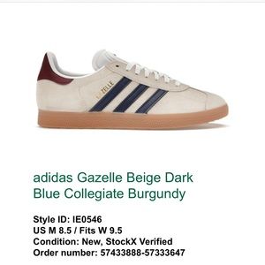 Adidas Gazelle Navy Collegiate Stripe with Burgundy Sneaker - Fits women 9.5